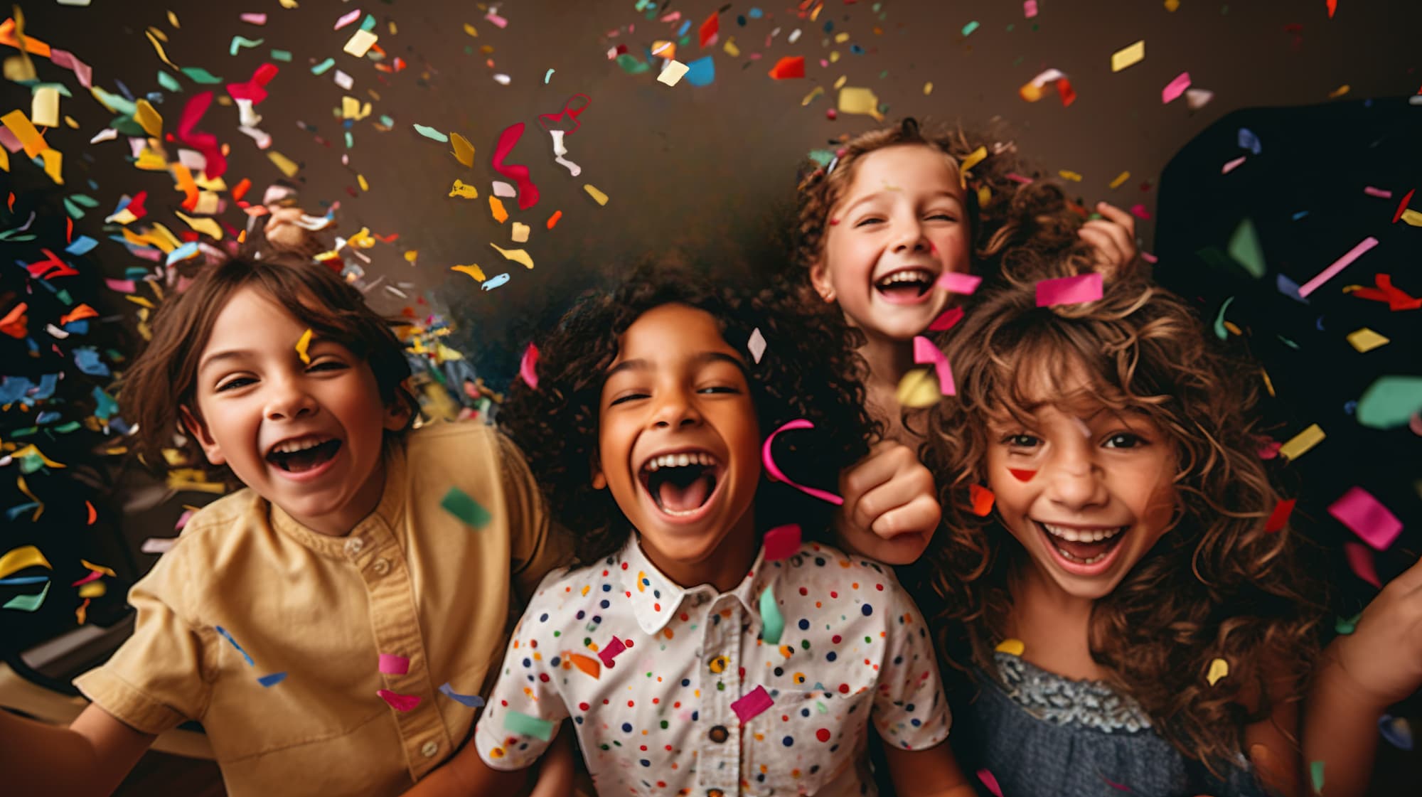 Four children laugh together under a shower of confetti.