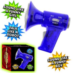 Our catalog features a vibrant, blue megaphone toy designed to take any fundraiser or celebration up a notch. This interactive product boasts exciting voice-changing capabilities that add charm and amusement to any event. Users can choose from various tones such as those resembling a girl, a boy, or even a robot. Each megaphone comes innovatively packaged in an eye-catching colorful box which itself is sure to draw attention and increase sales at your next fundraising venture. The perfect addition to your school's holiday fundraiser assortment!