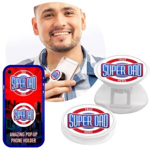 Showcase your best fundraising merchandise with our range of customizable products. Presenting our 'Super Dad' themed smartphone pop-up holder, captured in various views held by a smiling model. Evoke the holiday spirit and encourage generous giving with this perfect gift, capable of enhancing any organization or school's fundraising catalog greatly!
