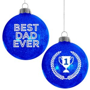 Bring the joy of the holidays to your fundraising event with our fantastic, fully customizable Christmas ornament options in our latest holiday catalog. These beautiful, glitter-adorned blue ornaments are an excellent way to show appreciation and festivity. One option is a heartfelt tribute to fathers with "Best Dad Ever" embossed on it, making a loving testament that would certainly find its place on any Christmas tree. The second features a victorious centerpiece depicting a number 1 trophy embraced by an elegant laurel wreath, eliciting thoughts of achievement and celebration. These make for highly sellable items that bring warmth for the buyer while also benefiting your school or organization's funding goals this holiday season!