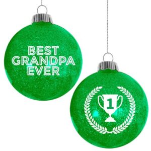 Boost your holiday fundraising efforts with our catalog featuring two splendid green glittery Christmas ornaments. Each is delicately inscribed with the message "Best Grandpa Ever" and proudly showcases a triumphant trophy icon enveloped in glorious laurels. Ideal for expressing love and appreciation to grandparents during the festive season, they are an excellent addition to any fundraising project. Let your school or organization use them as lucrative products for your upcoming holiday fundraisers.