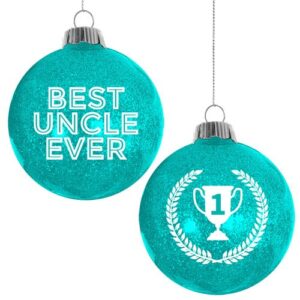 Presenting our eye-catching, turquoise, glitter-filled Christmas ornaments featuring the uplifting message of "Best Uncle Ever." These specially-crafted pieces are further enhanced with a proud trophy symbol adorned inside a classic laurel wreath.

Perfect for any holiday fundraising event or school fete catalog. Increase your contribution pinch with these sentiment-bearing ornaments that serve as an exceptional tiding of joy and wholesomeness for our honorable uncles during the festive season.