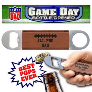 Introducing our All-Pro Dad Football Bottle Opener - a creatively themed and beautifully crafted game day device for those loving patriarchs among us. This product is specifically designed to resemble a splendid football, ensuring you score with fathers who are buzzing with team spirit! On the market as ideal Father's Day or holiday gifts, this tool provides the perfect blend of practicality and sentimentality. Even more excitingly, slogans like "Best Pops Ever" throw in that quirky charm we all love. Offering these eye-catching bottle openers through our user-friendly fundraising catalogs makes raising funds for your school or organization an absolute breeze during the holiday season! Start unlocking bottles and potential today with our All-Pro Dad Football Bottle Opener!