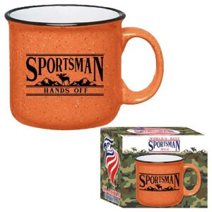 Presenting our Orange Speckled Mug, perfect for your school or organization's holiday fundraiser. This fun mug comes emblazoned with the playful phrase "Sportsman Hands Off", making it a charming and unique piece likely to be popular among supporters. Ensuring ready-for-gifting convenience, each mug is packaged in its own box. Invest in our alluring and self-selling fundraising catalogs and take your holiday fundraising event to new heights!