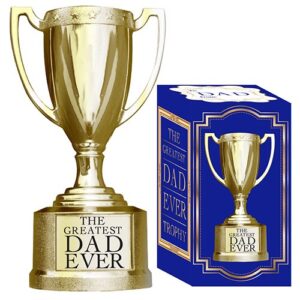 Presenting our "Greatest Dad Ever" novelty trophy, meticulously displayed next to its original packaging box. A premium choice from our fundraising catalog that serves as a perfect holiday fundraiser item for schools and organizations, generating significant proceeds while providing community members an engaging way to show their appreciation this festive season.