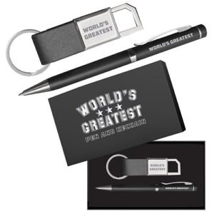 Give your holiday fundraisers a boost with our exclusive "World's Greatest" promotional set, neatly packaged to impress. This stellar set comes with a finely-crafted pen and keychain, both elegantly inscribed with "World's Greatest". Ideal for schools and organizations looking to generate revenue while also spreading holiday cheer. This top-rated fundraising item is sure to bring smiles while boosting your profits.