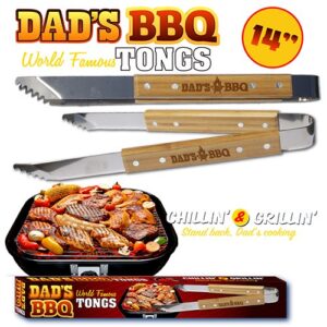 Introducing our 14-inch BBQ tongs, ideal for any fundraising catalog. These are no ordinary tongs! They proudly bear the inscription "Dad's BBQ World Famous Tongs" which appeals to family-centric sentiments and is sure to entice supporters. Not only that, but they also feature an attractive image of deliciously grilled food, stirring up joyful feelings of warm weather cookouts and pleasurable gatherings with loved ones.

But we didn't stop there—the packaging also has a fun message that will surely bring an amused grin: "Chillin' & Grillin', Stand Back, Dad's Cooking." This playful touch is designed to appeal universally while staying in line with the core theme of the product. People will not just buy these for themselves but as gifts too— helping your organization raise more funds! Stock these fantastic BBQ tongs and watch your holiday fundraiser outperform expectations!