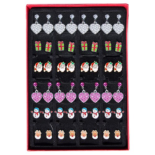 Presenting our holiday-themed earring collection, artfully displayed on a sleek black tray. This selection showcases tastefully crafted designs representing festive elements like delicate snowflakes, charming gift boxes, whimsical Santa Claus figures and regal reindeer. Ideal for your school or organization's holiday fundraising catalogues to ignite the seasonal spirit and raise funds successfully.