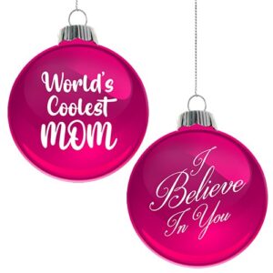 Introducing the heartwarming Pink Inspirational Ornament set, an excellent gift option from our holiday fundraising catalogue. This stunning set includes two beautiful pink-colored ornaments with uplifting messages. The first ornament, ideal for gifting to a deserving mom, features the empowering sentiment: "World's Coolest Mom". Additionally, our second ornament resonates positive energy and encouragement with the words: "I Believe In You". Optimized for school and organizational fundraisers during the festive season, this engaging product offers a meaningful way to raise those much-needed funds. Explore more great fundraising solutions in our catalogue - thank you for your continued support!