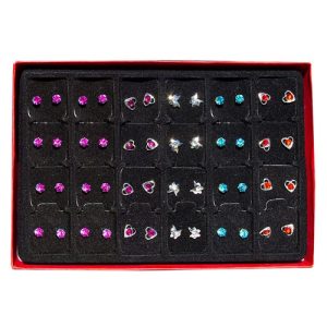Unveil a world of sparkle this holiday season with our exquisite collection of stud earrings, perfect for your school's fundraising catalog! Delight supporters with an array of dazzling designs featuring vibrant pink, blue, and red gemstones. Add charm to any outfit with heart-shaped adornments and whimsical butterfly motifs. Elevate your holiday fundraiser's appeal by offering these stunning accessories that promise to captivate and inspire generosity among your community supporters. Let each pair sold contribute to the success of your organization's goals!.