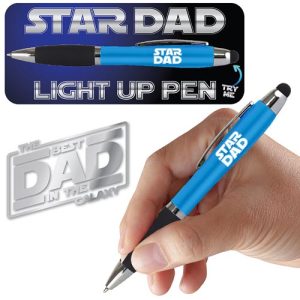 Illuminate your holiday fundraiser with our exclusive "STAR DAD" Light-Up Pen, a delightful addition to any gift catalog. Designed for the dad who shines bright, this blue pen dazzles with its radiant glow and heartfelt message: "THE BEST DAD IN THE GALAXY." Capture imaginations and maximize your fundraising potential by offering unique items that bring joy and support to schools and organizations. Make this holiday season memorable with gifts that touch hearts and light up every moment!.