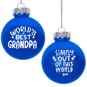 Introducing our exclusive holiday collection, perfect for your school or organization's next successful fundraiser! This season, delight supporters with our charming set of two blue Christmas ornaments, each adorned with elegant silver caps and festive hanging strings. One ornament proudly displays "World's Best Grandpa," making it an ideal gift to celebrate cherished family members. The other ornament is inscribed with "Simply Out of this World," a whimsical touch that adds a dash of wonder to any tree. Elevate your fundraising efforts and spark joy this holiday season by offering these unique treasures in your catalog today!.