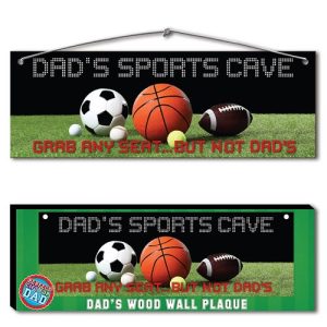 Introducing our exclusive line of personalized signage perfect for fundraising this holiday season! Our "Dad's Sports Cave" collection features two unique signs designed to bring a smile to any sports-loving dad while supporting your school or organization. 1. Dad's Sports Cave Plaque: Illustrating a vibrant array of sports balls, this sign is a fun reminder that every seat is open except Dad's special spot. Ideal for adding character and charm to his favorite retreat. 2. Wood Wall Plaque: Artfully crafted with the same dynamic sports theme, this piece proudly marks territory within Dad’s sanctuary, making it the ultimate gift for Father’s Day or any celebration. Encourage community spirit while achieving your fundraising goals with these delightful offerings—only available in our holiday catalog!.