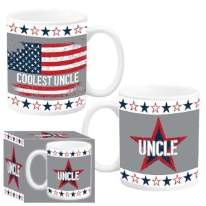 Introducing our "Coolest Uncle" Holiday Fundraiser Mug! This elegant white mug features a vibrant U.S. flag and stylish "Coolest Uncle" text, perfect for honoring family heroes this season. On the reverse, a striking red star proudly showcases the word "Uncle," surrounded by playful star patterns for that extra festive flair. Packaged in an eye-catching, star-patterned box, this mug is a charming addition to any coffee collection. Boost your holiday fundraiser with this delightful gift choice designed to warm hearts and support your cause!.