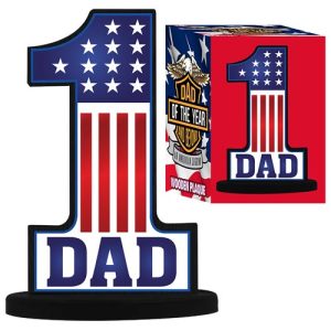 Celebrate the number one figure in your life with our exclusive "Dad of the Year Edition" Plaque! Crafted meticulously in a striking stars-and-stripes design, this plaque is shaped like the iconic number one and proudly labeled "1 DAD." Perfect for holiday fundraiser success, this gift adds a patriotic touch with its elegant eagle illustration. Elevate your fundraising campaign by offering something truly special to families—because every dad deserves to feel like they're number one!.