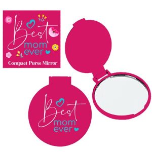 Introducing our exquisite Pink Compact Purse Mirror, elegantly adorned with "Best Mom Ever" text and charming floral designs. Perfect for school and organization holiday fundraisers, this delightful mirror comes beautifully displayed both open and closed, showcasing its versatility and appeal. A thoughtful gift that participants will cherish while supporting your fundraising goals!.