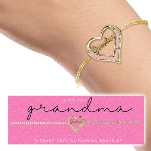 Introducing a timeless treasure perfect for all holiday fundraising events: Our exquisite gold bracelet features a heart-shaped charm, elegantly engraved with "Grandma" and adorned with delicate pink crystals. This beautiful piece not only captures the essence of warmth and love but also serves as an ideal gift that supporters will cherish. Perfect for adding sparkle to your organization's fundraising catalog, this bracelet is sure to attract generous contributions while celebrating those special individuals in our lives. Help your school or organization shine bright this holiday season by including this stunning accessory in your fundraiser!.