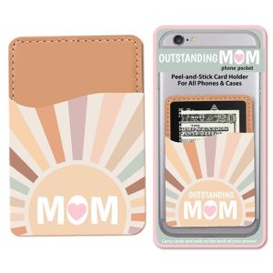 Presenting an exciting addition to your holiday fundraiser catalog: the sleek Peel-and-Stick Phone Card Holder featuring a heartfelt "Outstanding Mom" inscription. Its pastel sunburst design catches the eye while adding a personal touch to any phone. Demonstrated with a dollar bill tucked inside, this product combines convenience with style, making it the perfect gift for every exceptional mom. Ideal for fueling your school's fundraising goals, this practical accessory is sure to be a popular choice within your community!.