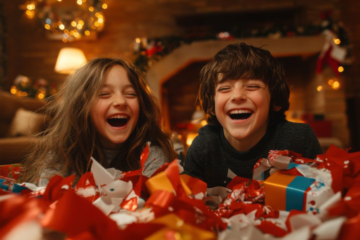 Two children beam with joy, sharing laughter and excitement as they discover their holiday gifts amidst colorful wrapping paper in a cheerful, inviting living room—creating the perfect festive moment made possible by your organization’s successful fundraiser.