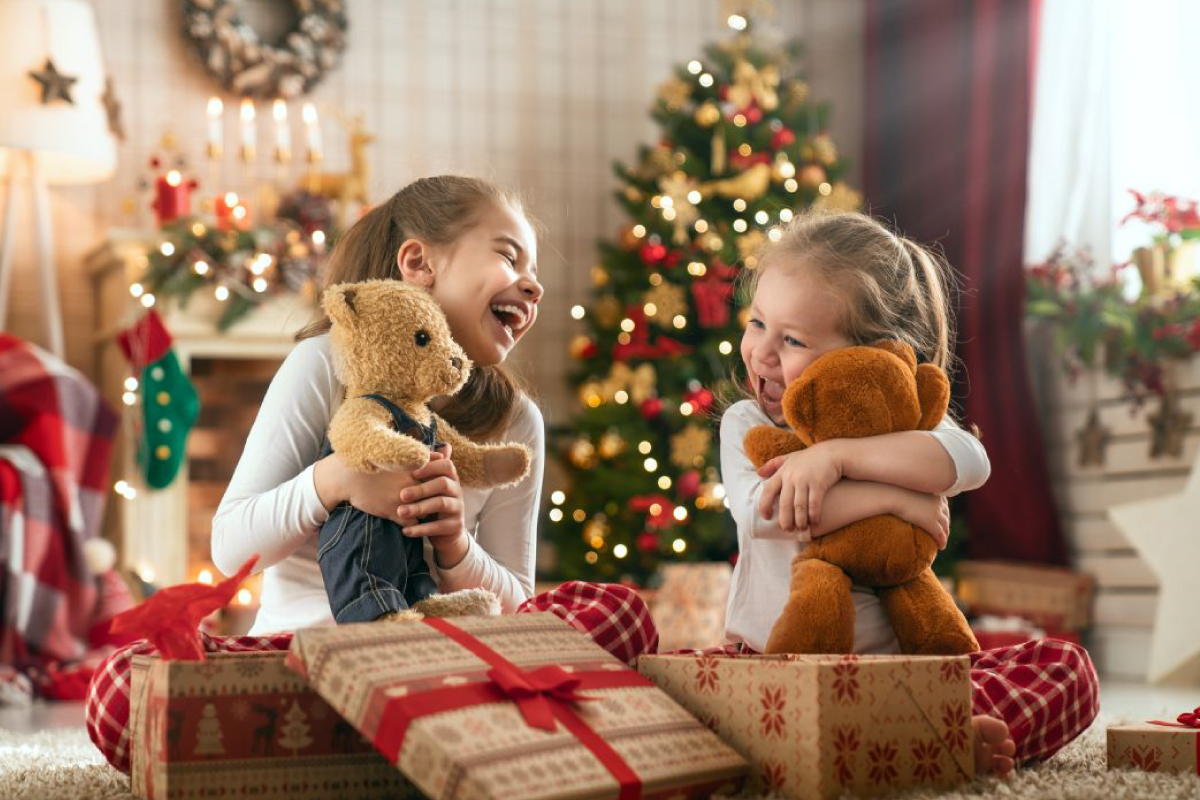 Two delighted children share a joyful moment in front of a beautifully decorated Christmas tree, each hugging a cuddly teddy bear. Surrounded by festive wrapped gifts, their smiles reflect the spirit of giving made possible through our Holiday Fundraising Catalog. Let your school or organization create these cherished holiday memories—all while raising essential funds for your cause!.