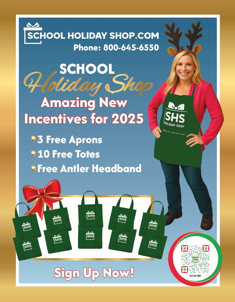 A woman in antlers and SHS apron stands by text highlighting 2025 holiday fundraiser rewards: free apron, tote, and headband.
