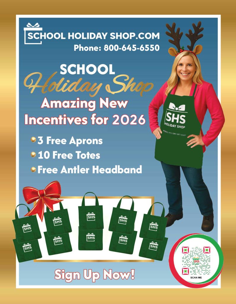 A team member in antlers and an "SHS Holiday Shop" apron stands by totes, highlighting 2026 free apron, tote & antler rewards.