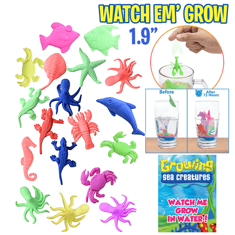 Vibrant expanding sea creature toys, shown before and after water growth, with "Growing Sea Creatures" packaging—fundraise with fun!.