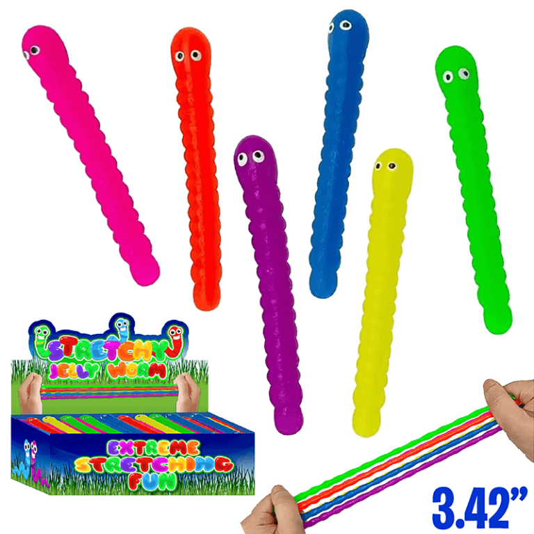 Bright, stretchy jelly worms with cartoon eyes, 3.42" long. Fun display box—perfect for school fundraisers and prize tables!.
