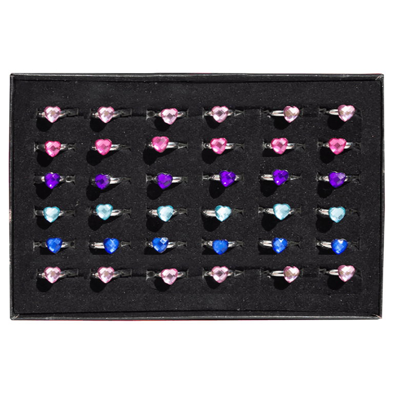 Showcase this fundraising favorite: a black display holds 36 silver rings with heart-shaped pink, blue, or purple gems in rows.