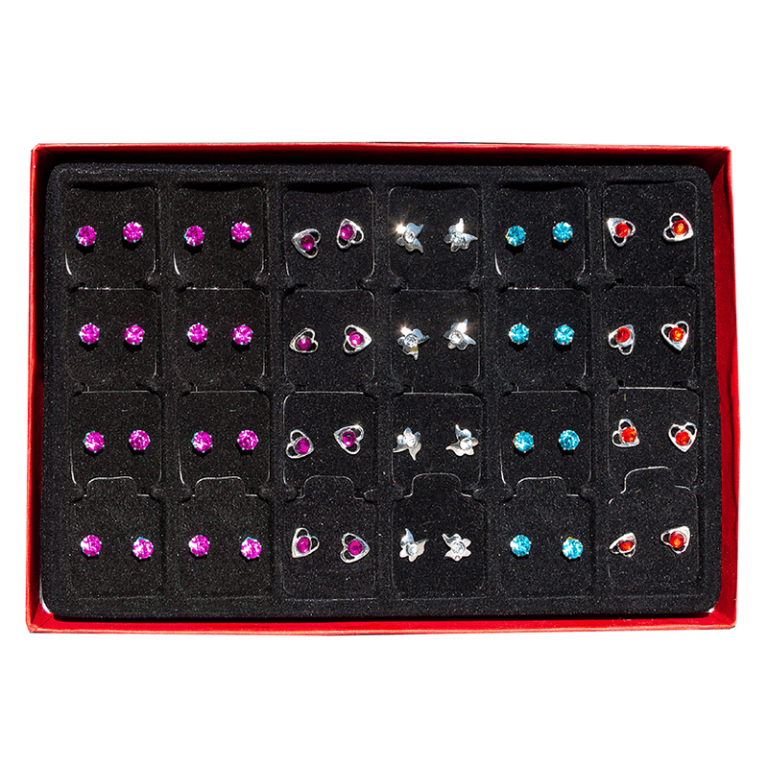 Eye-catching red gift box with five rows of colorful stud earrings—perfect for holiday fundraising and boosting your group's sales!.