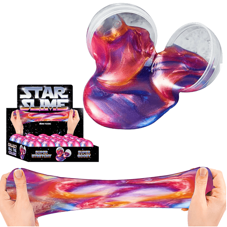 Hands stretch vibrant, galaxy-themed slime from an open container beneath a "Star Slime" display—perfect for fundraising events.