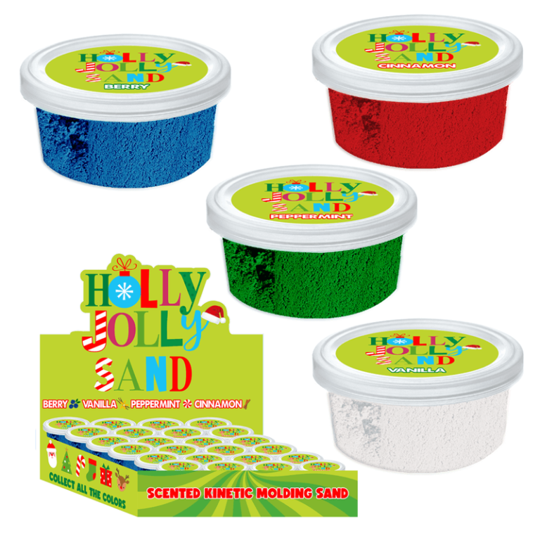 Four festive "Holly Jolly Sand" containers in berry, cinnamon, peppermint, and vanilla scents, ready for your fundraiser display.