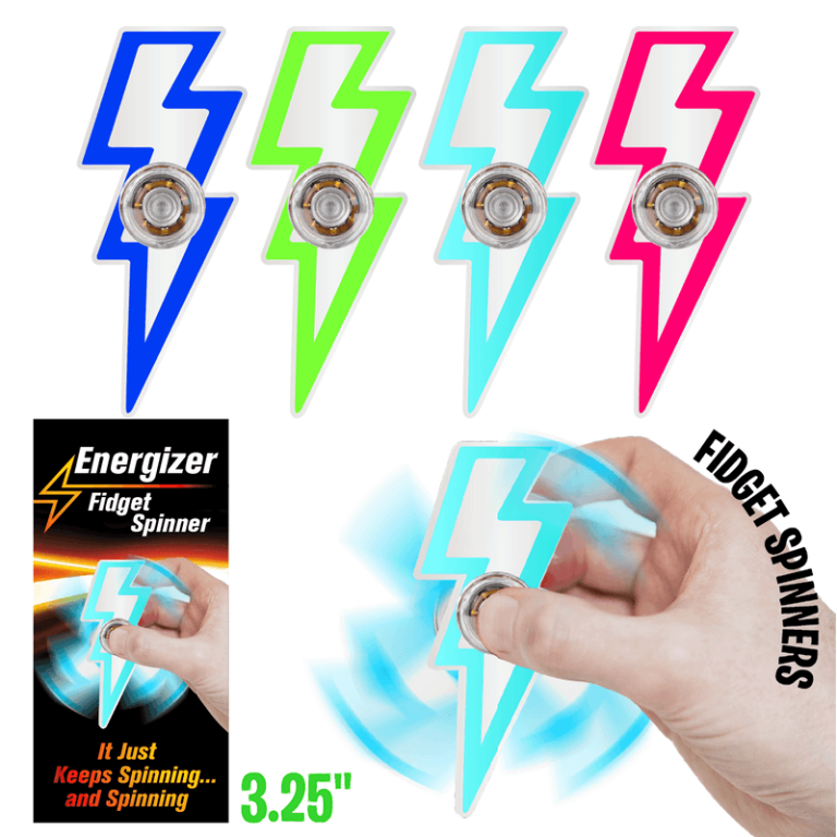 Exciting lightning bolt fidget spinners in vibrant blue, green, teal, and pink (3.25"). Fun for all ages—perfect fundraiser pick!.