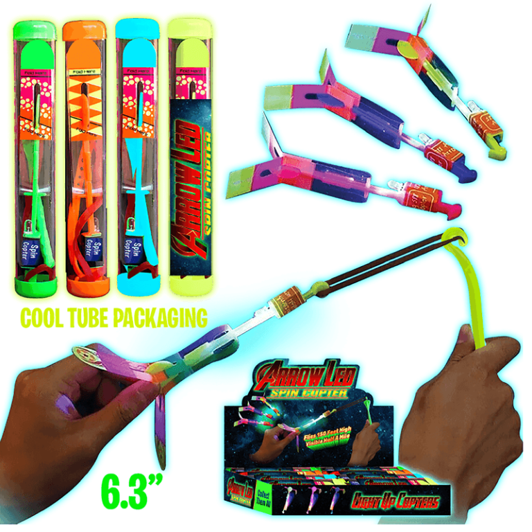Exciting 6.3” LED arrow toys with vibrant wings, in gift-ready tubes; launch demo shown—perfect for your next fundraiser!.