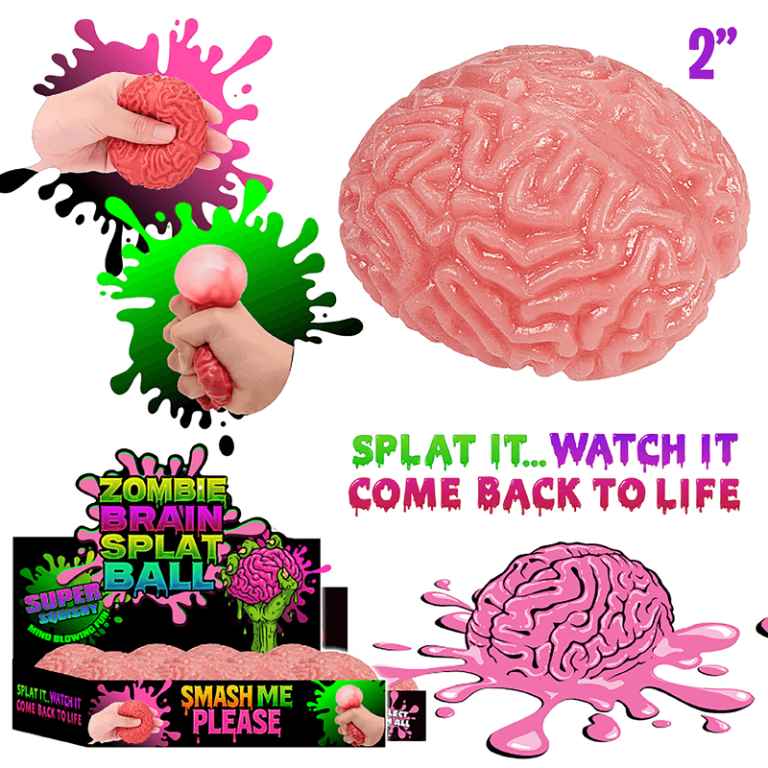 A fun 2-inch pink zombie brain stress ball, squeezed in-hand with lively splat graphics and display box reading "Splat it... Watch it come back to life." Great for fundraising catalogs!.