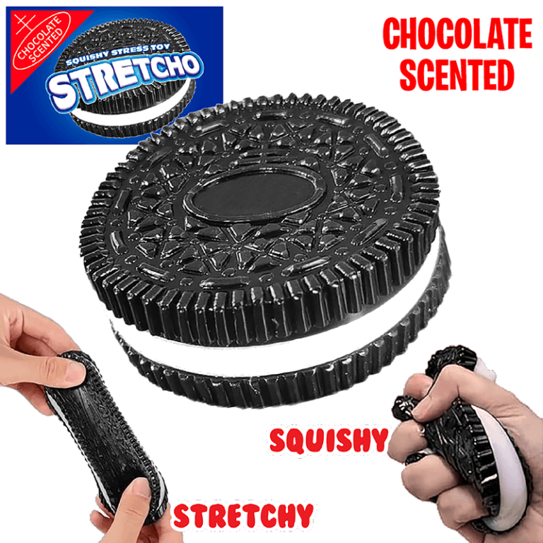 Delightful black and white cookie squishy—chocolate scented, stretchy, and squishy—perfect for your holiday fundraiser catalog!.