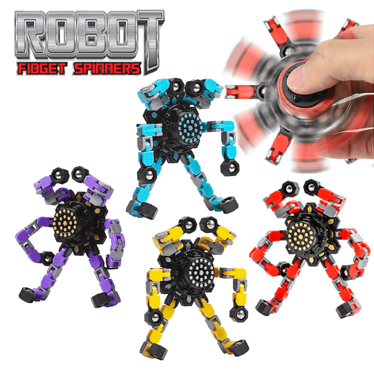 Showcase of four vibrant robot fidget spinners—perfect fundraising gifts! Hand spins the red one. "Robot Fidget Spinners" top left.