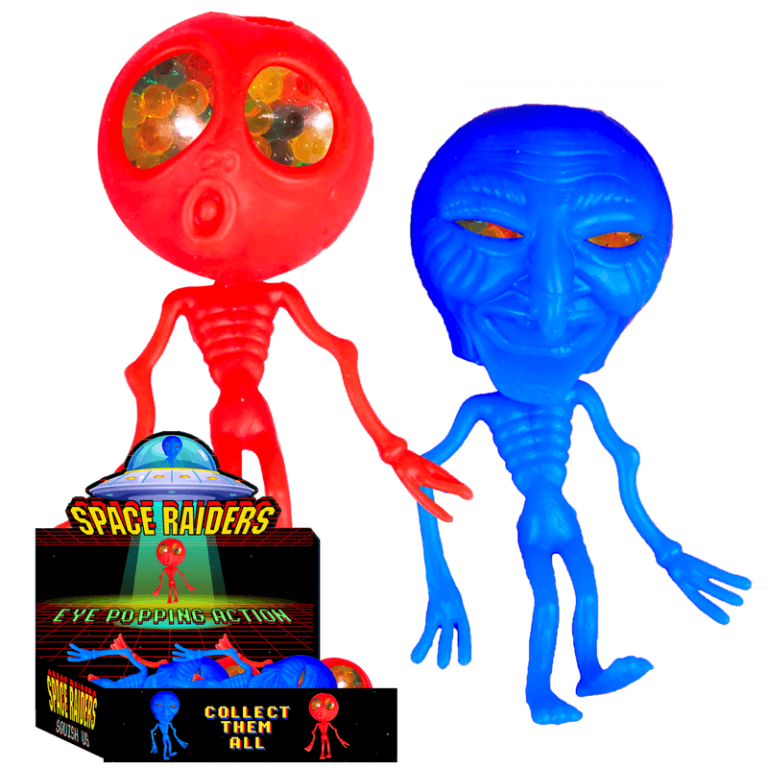 Colorful rubber toy aliens, red and blue, with display box—fun prizes for your fundraising catalog to boost participation.