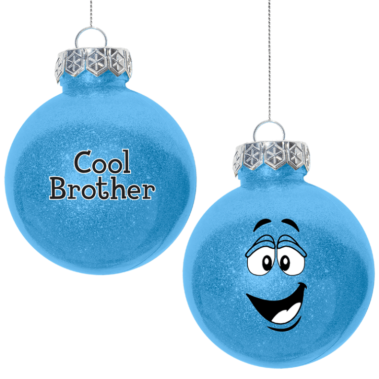 Set of two vibrant blue holiday ornaments—one with "Cool Brother" and the other featuring a cheerful cartoon face—perfect for school fundraisers.
