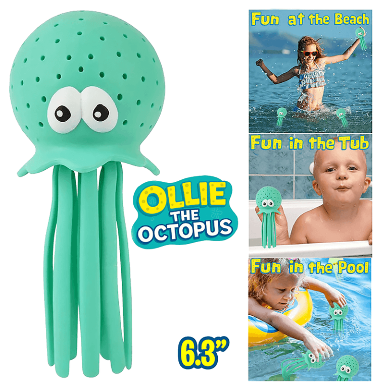 Delight kids and boost your fundraiser! "OLLIE THE OCTOPUS" 6.3'' green bath toy—fun at the pool, tub, or beach!.