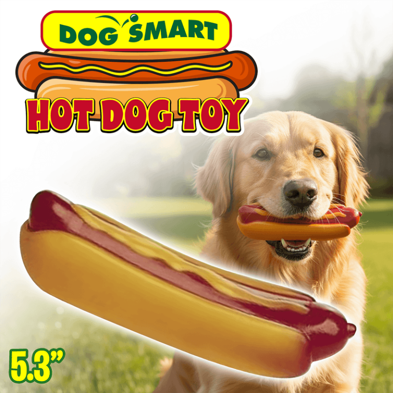 A cheerful golden retriever shows off our 5.3" Dog Smart Hot Dog Toy—perfect for your school or organization’s next fundraiser!.