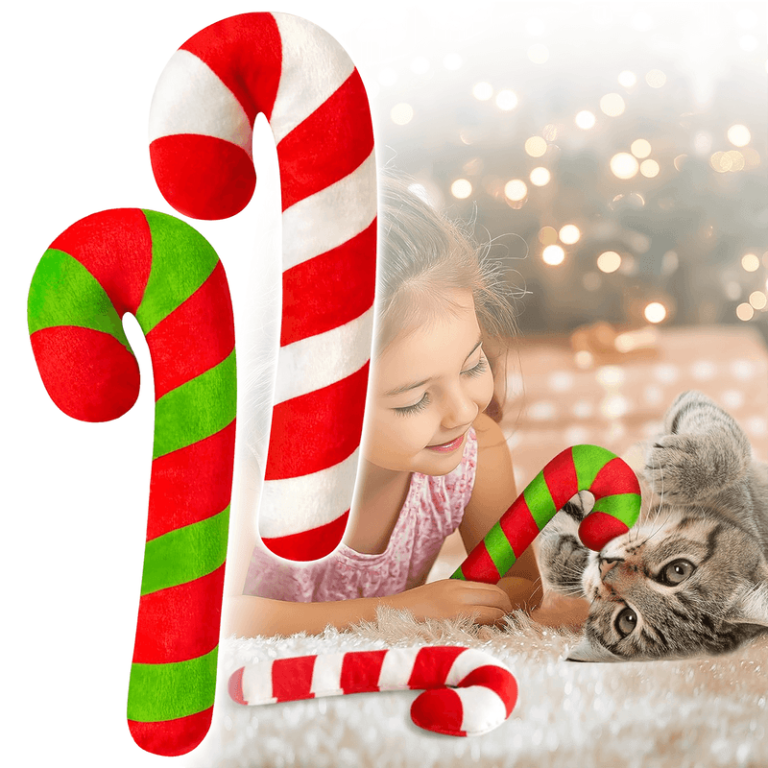 A cheerful girl enjoys holiday fun as a gray kitten plays with our festive candy cane plush toys—perfect additions to your fundraiser!.