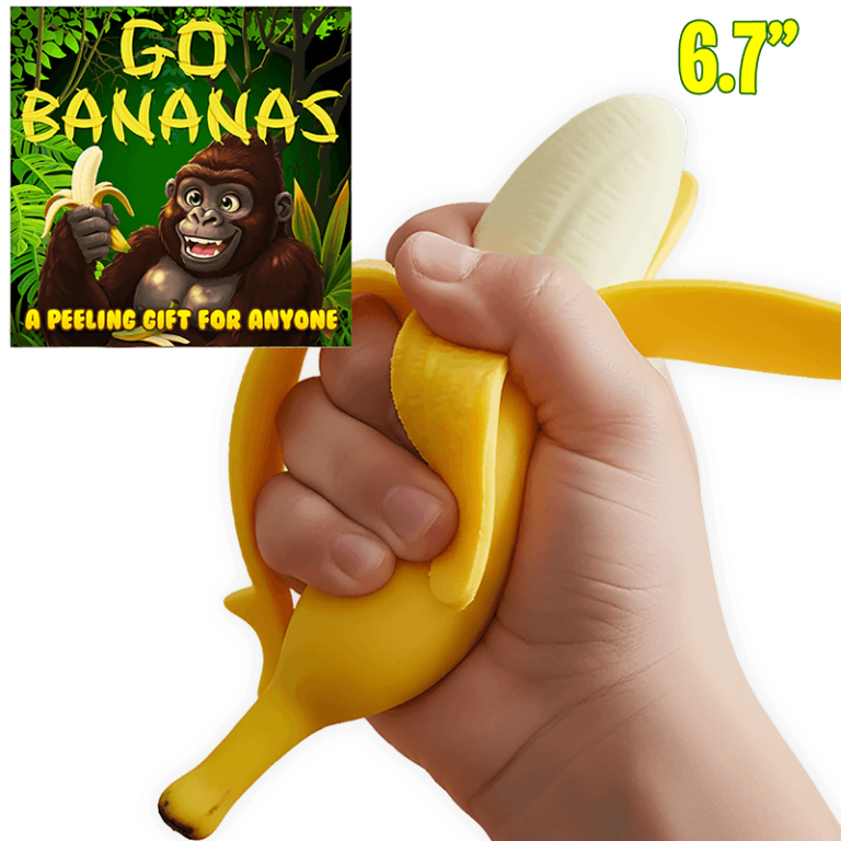 A hand squeezes a 6.7" realistic banana toy; inset features a cartoon gorilla and "Go Bananas: A Peeling Gift for Anyone" text.