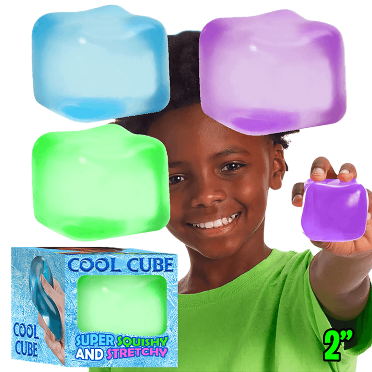 Bring excitement to your fundraiser—child enjoys a purple Cool Cube with colorful cubes and “COOL CUBE SUPER SQUISHY AND STRETCHY 2” packaging.