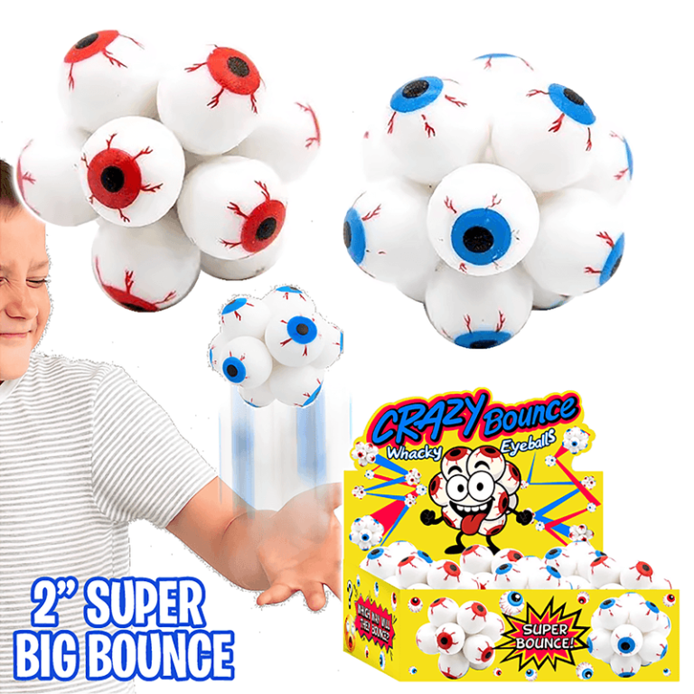 Fun and quirky Crazy Bounce Whacky Eyeballs—2" high-bounce toys kids love! Perfect for school fundraiser catalogs.