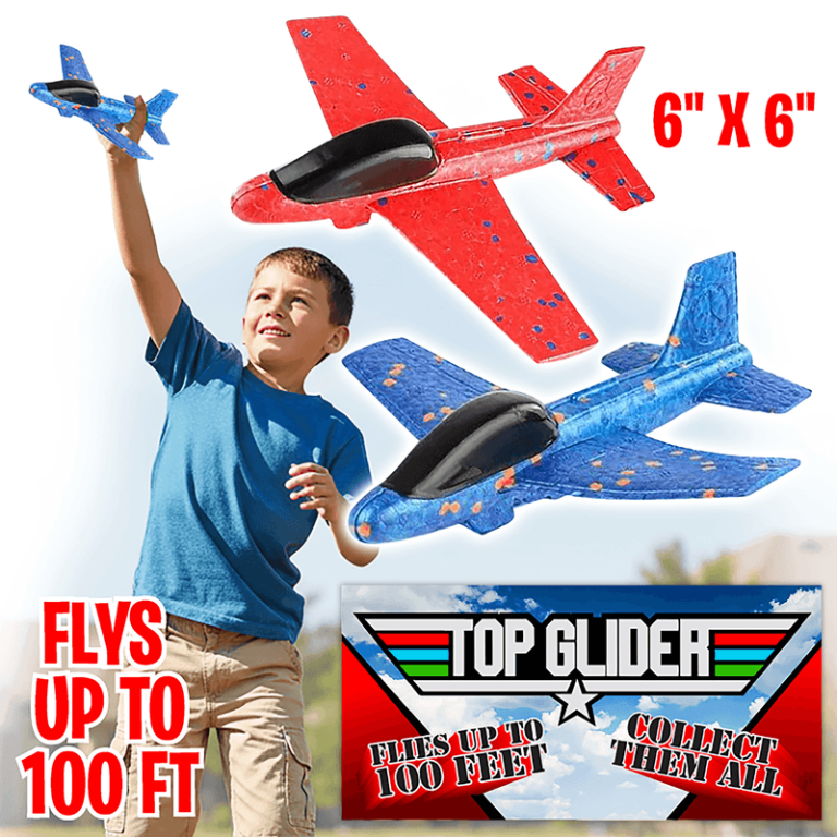Exciting Top Glider toy—available in blue and red! 6"x6". Flies up to 100 ft. Perfect for outdoor family fun fundraisers.