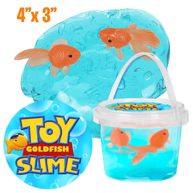 Fun, clear blue slime with two playful toy goldfish in a 4"x3" labeled tub—ideal for school or group fundraising catalogs.