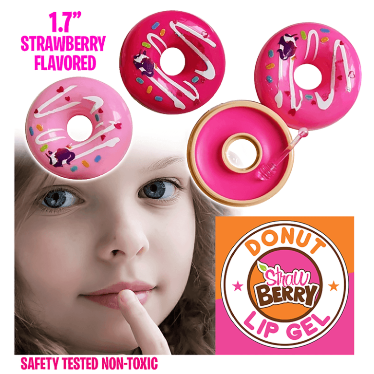 A student showcases pink donut-shaped strawberry lip gel—fun, non-toxic gifts perfect for holiday fundraising success!.