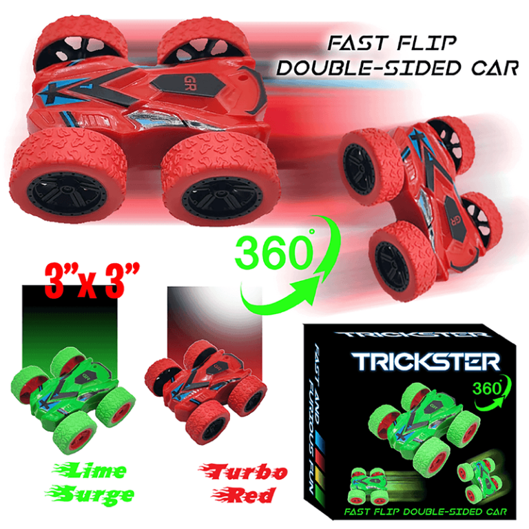 Exciting Trickster Fast Flip Double-Sided Car, in red or green, with large wheels and 360° flip action—makes a perfect fundraiser pick!.