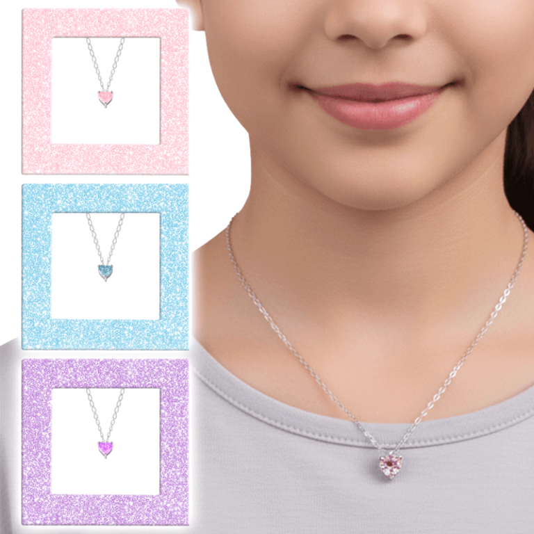 Showcase our silver heart-shaped pendant worn by a smiling student; three more color options feature festive glitter frames.